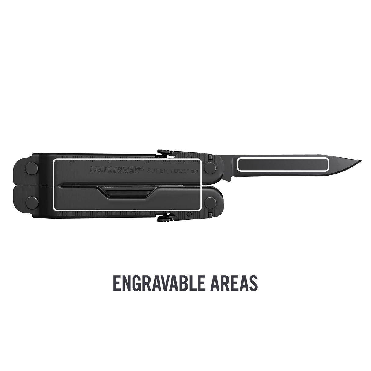 Translation missing: en.Black Super Tool® 300 multi-tool with blade extended, showing highlighted rectangular engravable areas