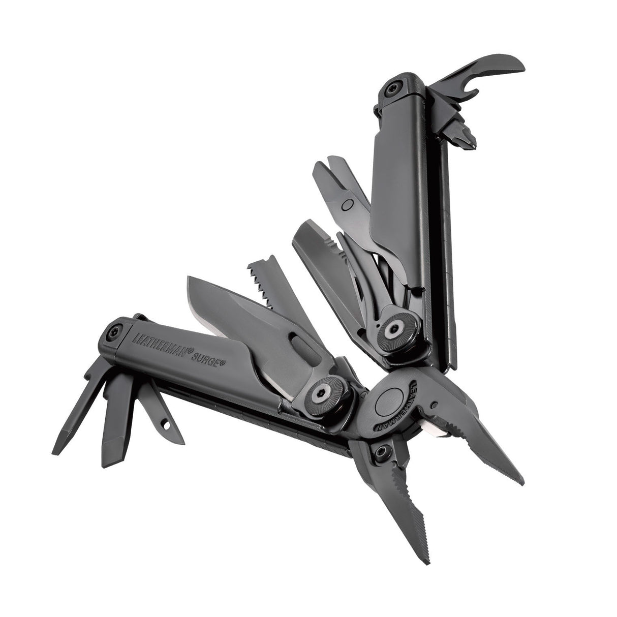 Translation missing: en.Black Leatherman Surge® multi-tool beauty image showing the various tools and features