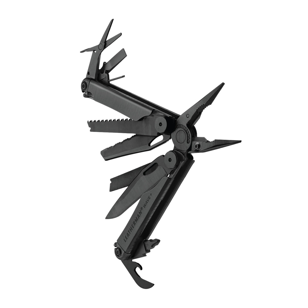 Translation missing: en.Black Leatherman Wave® Plus multitool beauty image showing the various tools and features