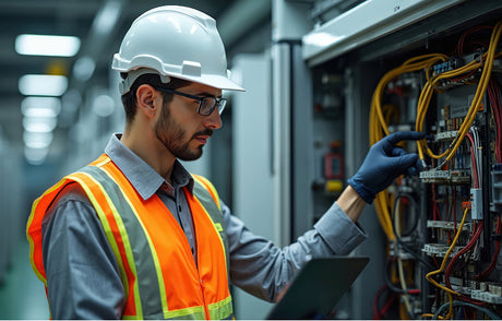 Translation missing: en.Technology technician wearing a hard hat, safety vest, and gloves while inspecting electrical equipment and network cables inside a modern industrial server or control room