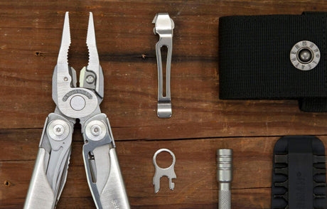 Translation missing: en.Replacement Parts for a Stainless Steel Leatherman Surge® including a bit kit, bit extender, pocket clip and lanyard