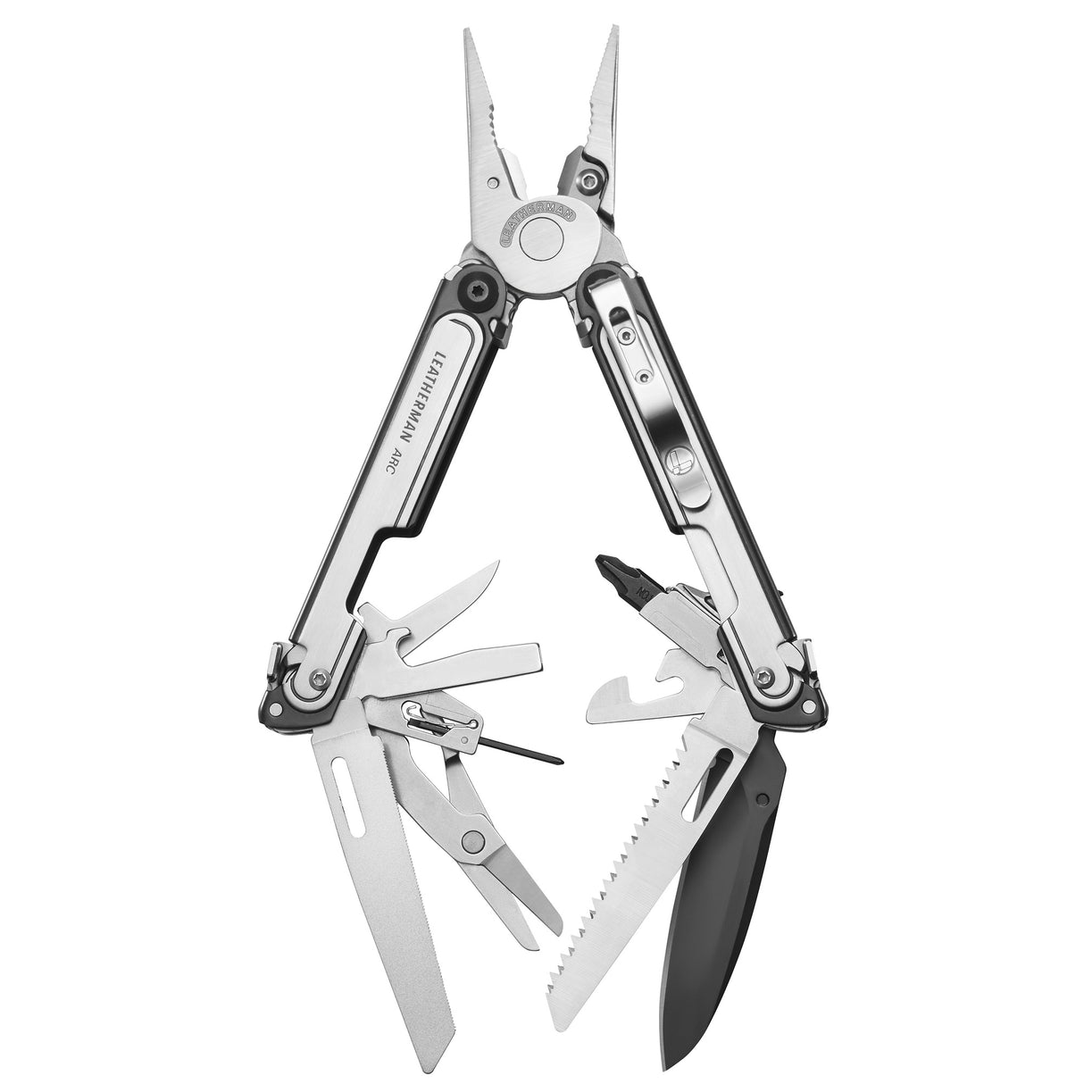 Translation missing: en.Black DLC and stainless steel Leatherman ARC® multi-tool opened showcasing the many tools and features included