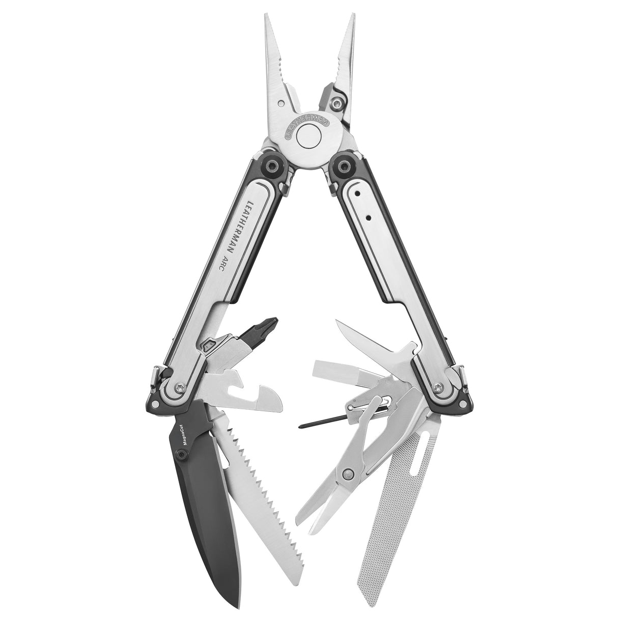Translation missing: en.Black DLC and stainless steel Leatherman ARC® multi-tool opened showcasing the many tools and features included