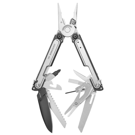 Translation missing: en.Black DLC and stainless steel Leatherman ARC® multi-tool opened showcasing the many tools and features included
