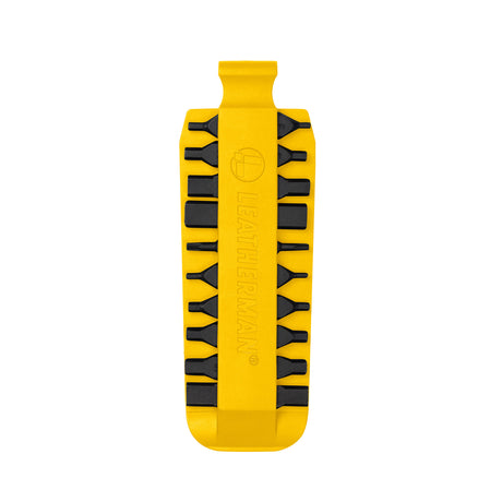 Translation missing: en.Yellow Leatherman bit kit holder with multiple interchangeable screwdriver bits arranged on both sides, featuring the Leatherman logo embossed in the center
