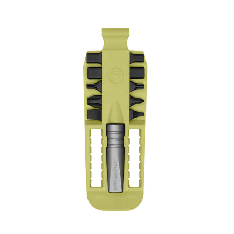 Translation missing: en.Mojito Leatherman bit kit holder with multiple interchangeable screwdriver black bits arranged on both sides, and a silver extender, featuring the Leatherman logo embossed in the center