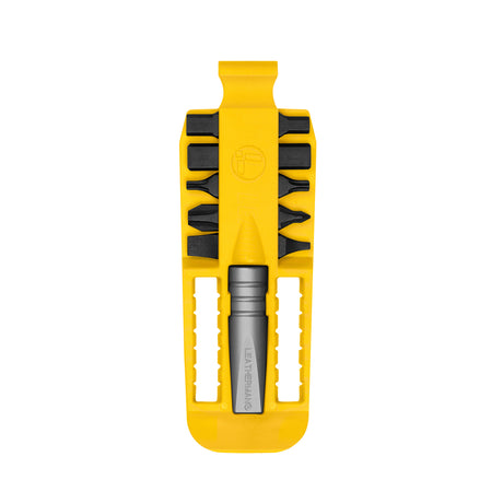 Translation missing: en.Yellow Leatherman bit kit holder with multiple interchangeable screwdriver black bits arranged on both sides, and a silver extender, featuring the Leatherman logo embossed in the center