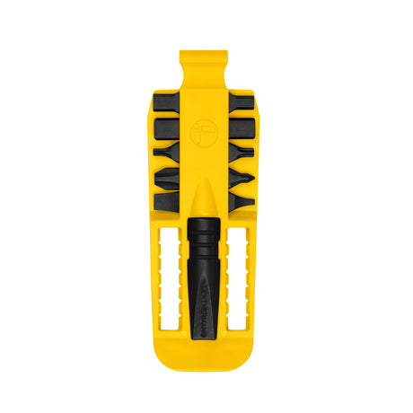 Translation missing: en.Yellow Leatherman bit kit holder with multiple interchangeable screwdriver black bits arranged on both sides, and a black extender, featuring the Leatherman logo embossed in the center