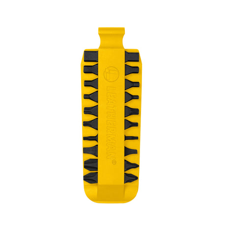 Translation missing: en.Yellow Leatherman bit kit holder with multiple interchangeable screwdriver bits arranged on both sides, featuring the Leatherman logo embossed in the center