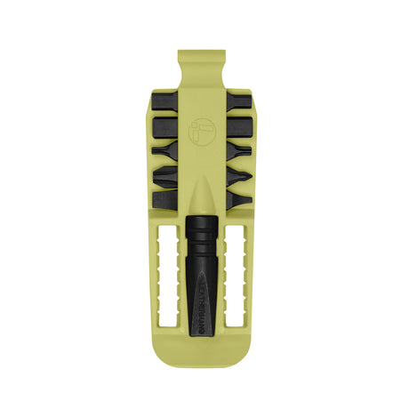 Translation missing: en.Mojito Leatherman bit kit holder with multiple interchangeable screwdriver black bits arranged on both sides, and a black extender, featuring the Leatherman logo embossed in the center