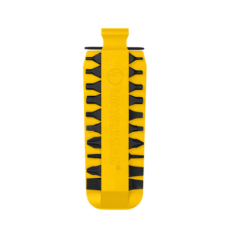 Translation missing: en.Yellow Leatherman bit kit holder with multiple interchangeable screwdriver bits arranged on both sides, featuring the Leatherman logo embossed in the center
