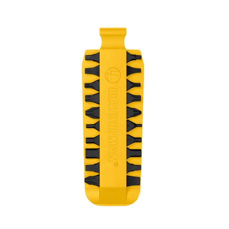 Translation missing: en.Yellow Leatherman bit kit holder with multiple interchangeable screwdriver bits arranged on both sides, featuring the Leatherman logo embossed in the center