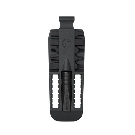 Translation missing: en.Orange Leatherman bit kit holder with multiple interchangeable screwdriver black bits arranged on both sides, and an extender, featuring the Leatherman logo embossed in the center