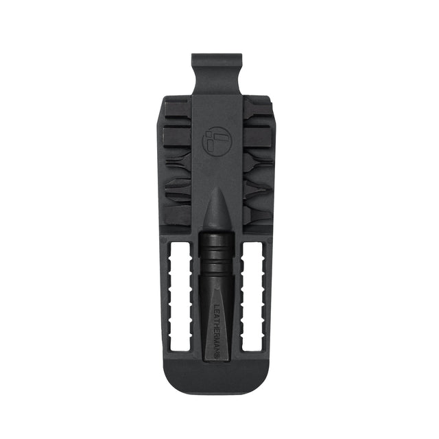 Translation missing: en.Orange Leatherman bit kit holder with multiple interchangeable screwdriver black bits arranged on both sides, and an extender, featuring the Leatherman logo embossed in the center