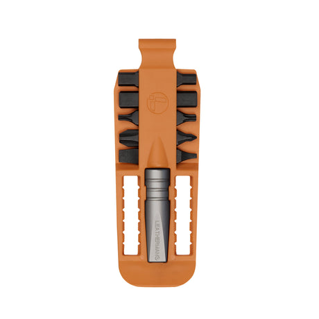 Translation missing: en.Orange Leatherman bit kit holder with multiple interchangeable screwdriver black bits arranged on both sides, and a silver extender, featuring the Leatherman logo embossed in the center