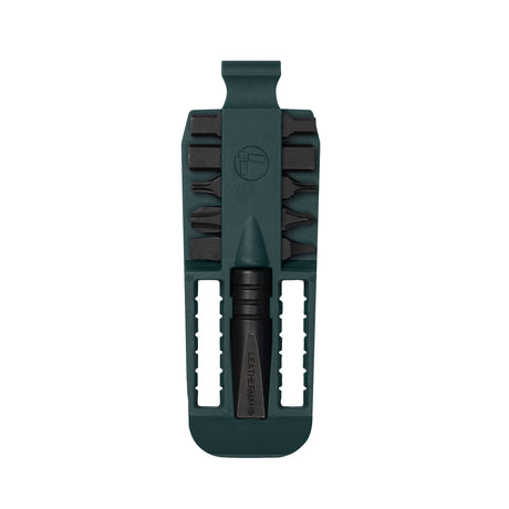 Translation missing: en.Forest Green Leatherman bit kit holder with multiple interchangeable screwdriver black bits arranged on both sides, and an extender, featuring the Leatherman logo embossed in the center