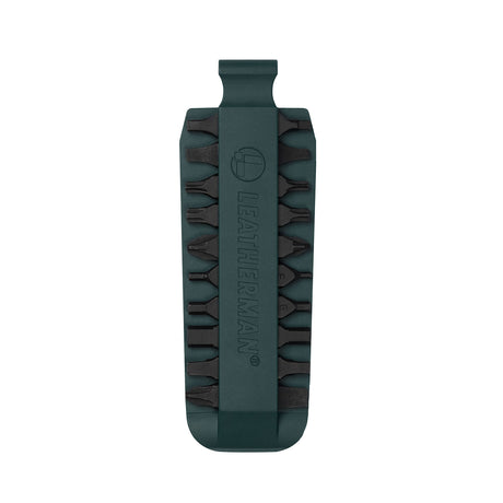 Translation missing: en.Forest Green Leatherman bit kit holder with multiple interchangeable screwdriver bits arranged on both sides, featuring the Leatherman logo embossed in the center