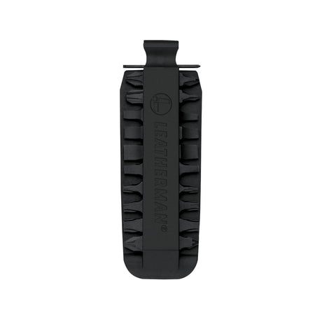 Translation missing: en.Black Leatherman bit kit holder with multiple interchangeable screwdriver bits arranged on both sides, featuring the Leatherman logo embossed in the center
