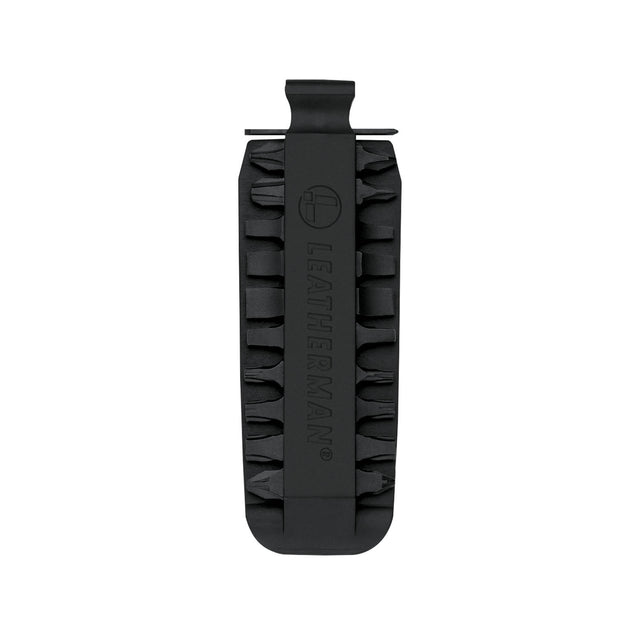 Translation missing: en.Black Leatherman bit kit holder with multiple interchangeable screwdriver bits arranged on both sides, featuring the Leatherman logo embossed in the center