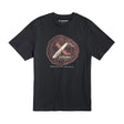 Translation missing: en.Front of the black Leatherman Blade &amp; Grain tee  showcasing a fix blade knife and leather sheath on a stump