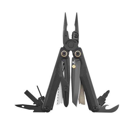 Translation missing: en.Obsidian Leatherman Wave® Alpha multi-tool opened showcasing the many tools and features included
