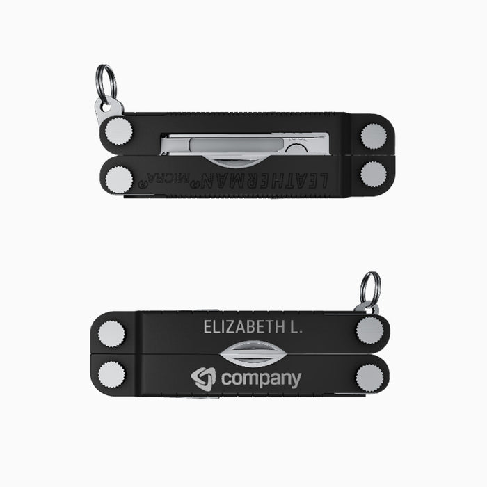 Translation missing: en.Custom black Leatherman Micra keychain multi-tool engraved with a name and company logo, highlighting compact branded gift options