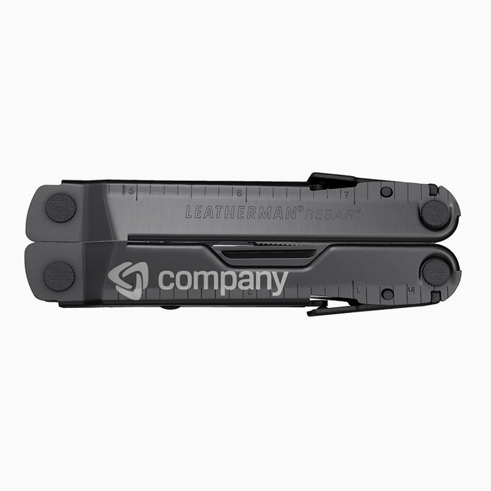 Translation missing: en.Custom black Leatherman Rebar multi-tool engraved with a company logo, showcasing durable personalized tools for corporate gifting and branding