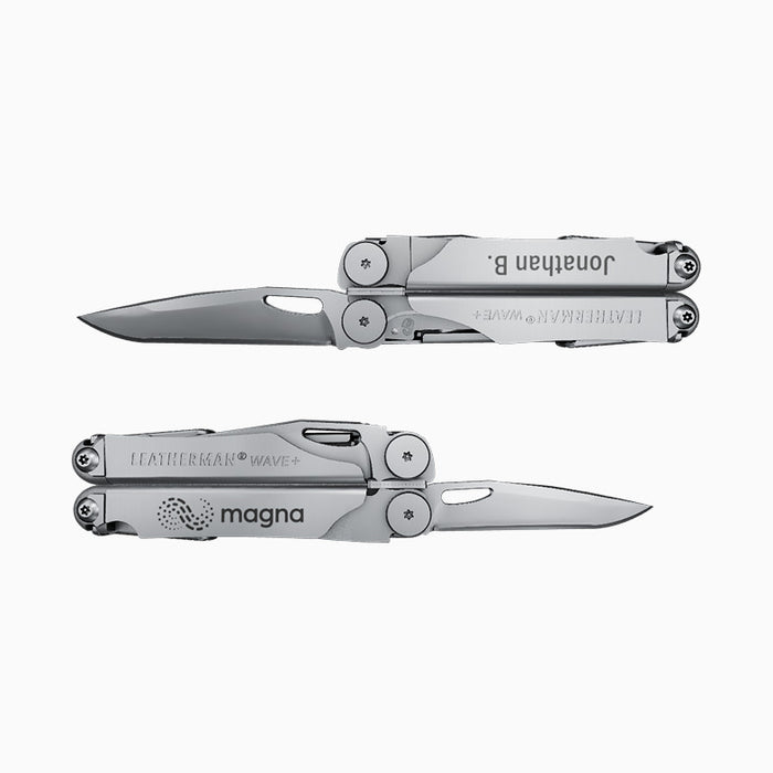 Translation missing: en.Custom Leatherman Wave Plus multi-tool with engraved name and company logo displayed with partially opened blades, showcasing personalized customization options
