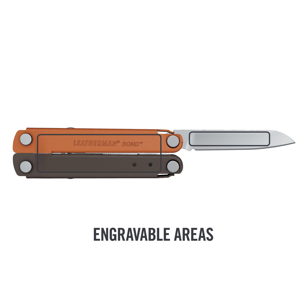 Translation missing: en.Burnt Sienna Bond® multitool knife with highlighted rectangular engravable areas on handle and blade