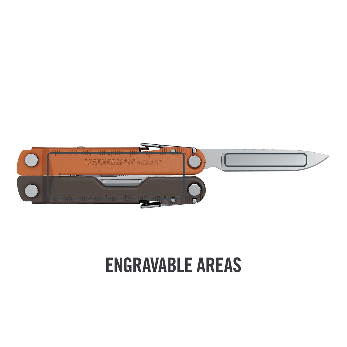 Translation missing: en.Rebar® multi-tool in Burnt Sienna showing outlined engravable areas on handle and knife blade