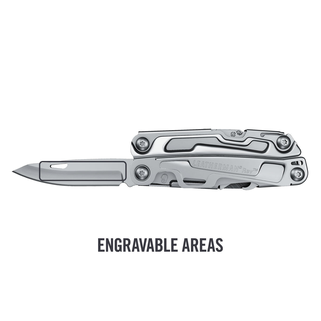 Translation missing: en.Rev® Stainless Steel multitool with blade extended, showing flat handle side for engravable areas
