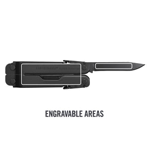 Translation missing: en.Black Super Tool® 300 multi-tool with blade extended, showing highlighted rectangular engravable areas