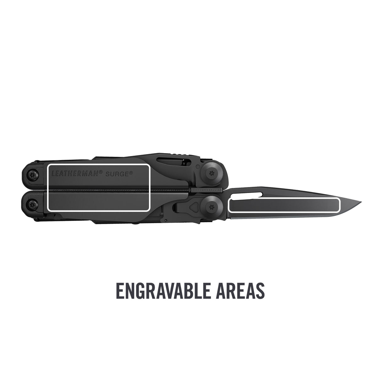 Translation missing: en.Black Surge® multi-tool with knife extended, showing outlined engravable areas on handle and blade