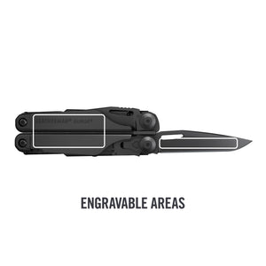 Translation missing: en.Black Surge® multi-tool with knife extended, showing outlined engravable areas on handle and blade