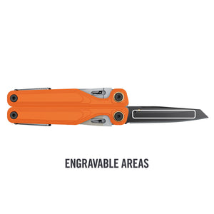 Translation missing: en.Wave® Alpha Canyonland multitool with blade extended, white outline highlighting engravable area on the blade