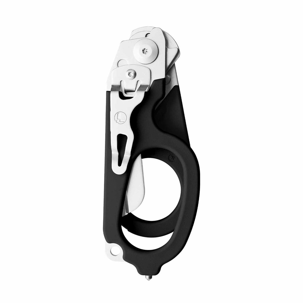 Translation missing: en.Black Leatherman Raptor Rescue trauma shears folded, featuring the pocket clip and lanyard hole
