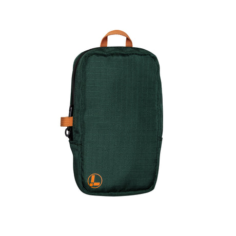 Translation missing: en.A Leatherman Tool Pouch in Hunter color, featuring a deep green fabric with an orange top handle and accent loop, and the Leatherman logo printed in orange near the bottom corner