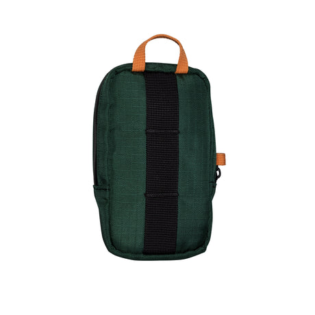 Translation missing: en.Rear view of a Leatherman Tool Pouch in Hunter color, featuring a dark green fabric body with a black vertical webbing strap, an orange top handle, and a side accent loop for versatile carrying or attachment options