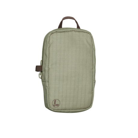 Translation missing: en.A Leatherman Tool Pouch in a Mossy Fog color, featuring a minimalist rectangular design with a grid-patterned fabric texture, a brown top loop for carrying, and a side zipper with a pull tab. The pouch is adorned with a subtle Leatherman logo in the lower left corner