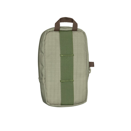 Translation missing: en.Rear view of a Leatherman Tool Pouch in a Mossy Fog color, showcasing its durable, textured grid-patterned fabric, a brown carry loop at the top, and a vertical green MOLLE-compatible strap stitched securely down the center for versatile attachment options