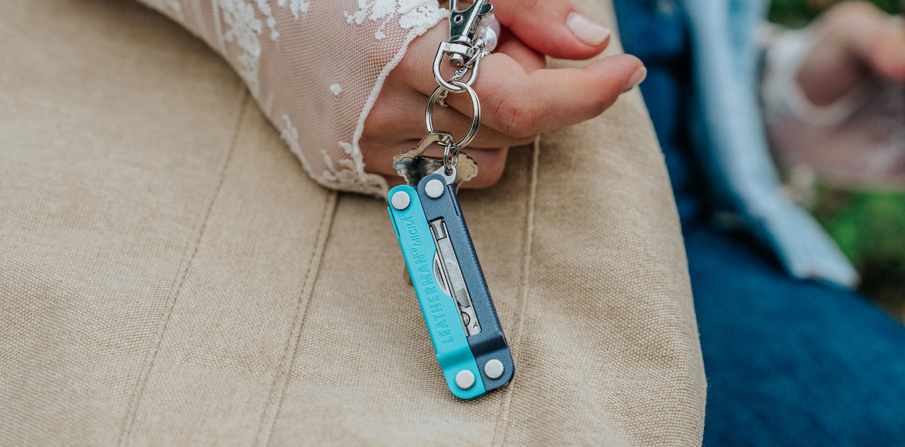 Leatherman Micra® in Lavender Mist color attached to a key ring showcasing its compact design.