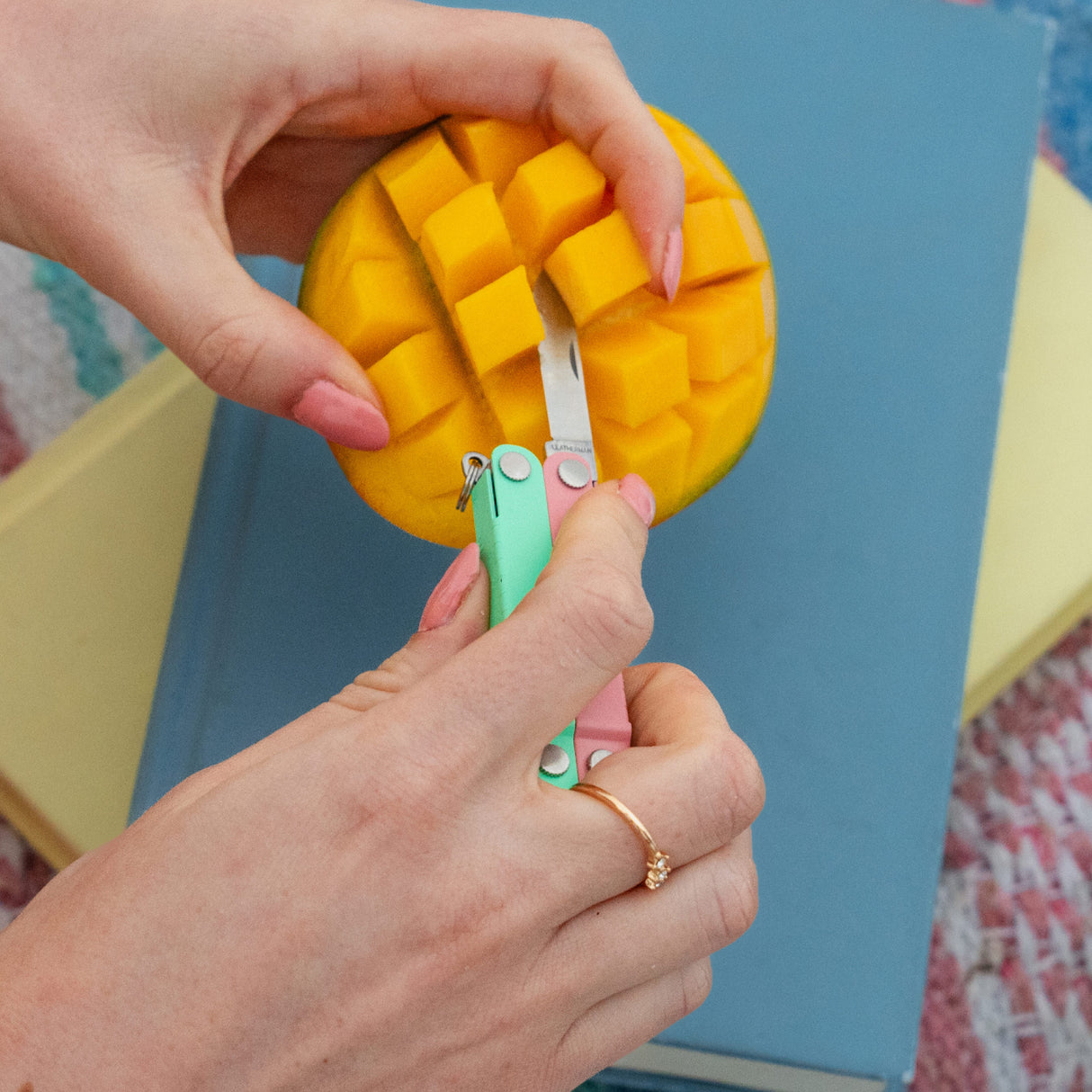Translation missing: en.Hands using a Leatherman Micra® in Bayside color to cut a mango on top of a stack of books