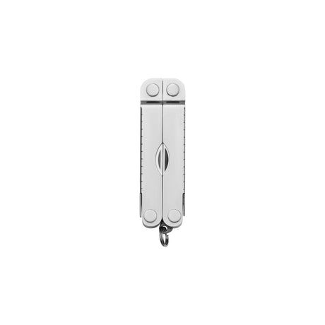 Translation missing: en.Stainless steel Leatherman Micra® multi-tool closed, showcasing its compact design and keychain attachment