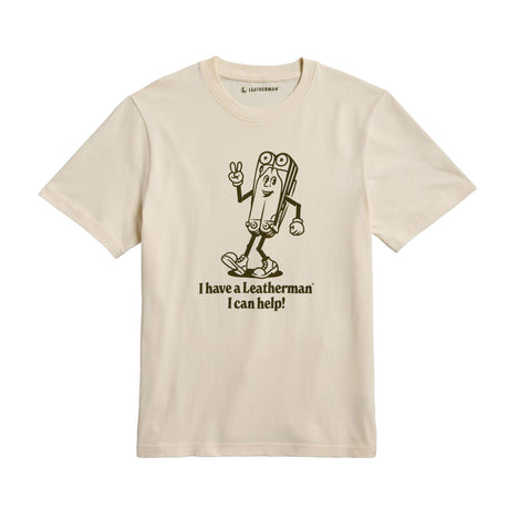Translation missing: en.Natural gold tee shirt with the Mr. Wave logo displaying a character based on the Wave with the slogan 'I have a Leatherman, I can help!"