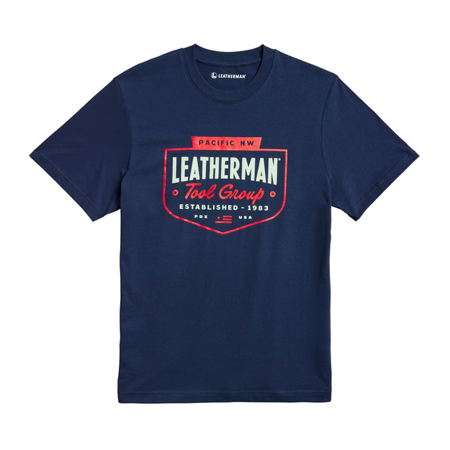 Translation missing: en.Navy Leatherman Pacific Northwest tee with a red emblem logo. Established 1983