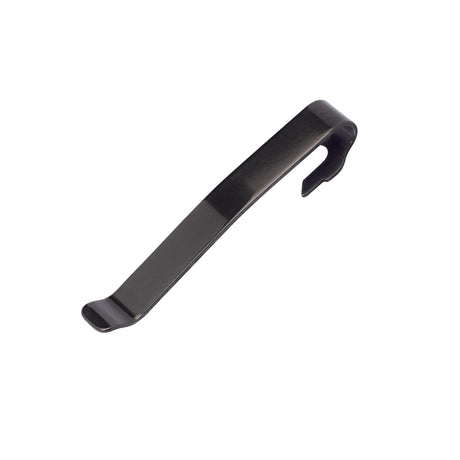 Translation missing: en.Front side of the Black Leatherman Quick-Release Pocket Clip showing the flat engravable surface