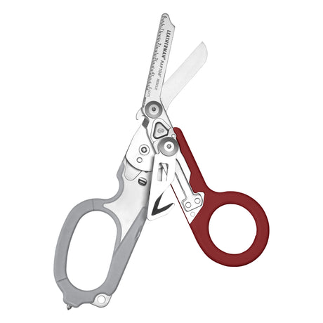 Translation missing: en.Open Garnet Leatherman Raptor Rescue trauma shears with premium scissors and various tools