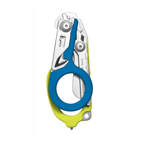 Translation missing: en.Yellow and Blue Leatherman Raptor Rescue trauma shears folded, showcasing its compact size