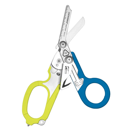 Translation missing: en.Open Yellow and Blue Leatherman Raptor Rescue trauma shears with premium scissors and various tools