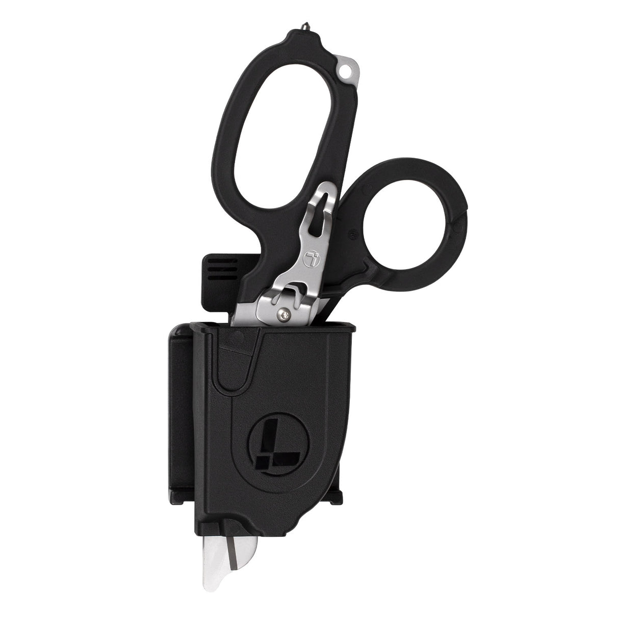 Translation missing: en.Black Raptor® Rescue Holster with Leatherman Raptor Rescue inside, showcasing its easy access